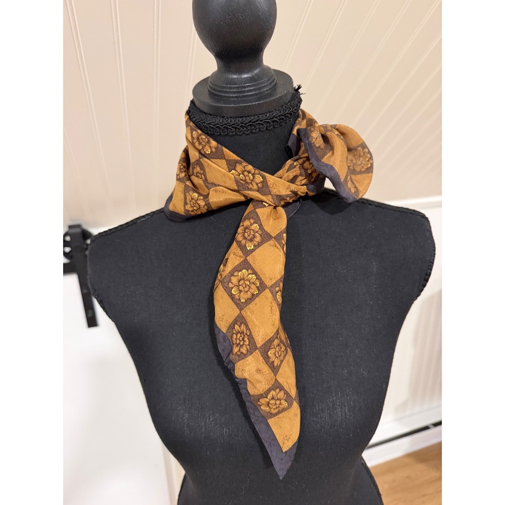 Vintage 70s Elaine Gold 100% Silk Scarf Brown Gold Floral Checkered 21x21